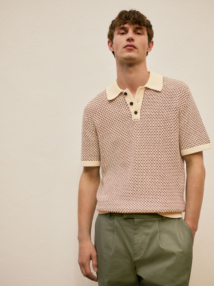 Brown/Ecru White Regular Fit Cotton Rich Short Sleeve Crochet Knit Polo Shirt - Image 1 of 4
