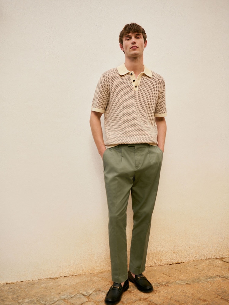 Brown/Ecru White Regular Fit Cotton Rich Short Sleeve Crochet Knit Polo Shirt - Image 2 of 4