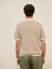 Brown/Ecru White Regular Fit Cotton Rich Short Sleeve Crochet Knit Polo Shirt - Image 3 of 4