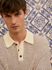 Brown/Ecru White Regular Fit Cotton Rich Short Sleeve Crochet Knit Polo Shirt - Image 4 of 4