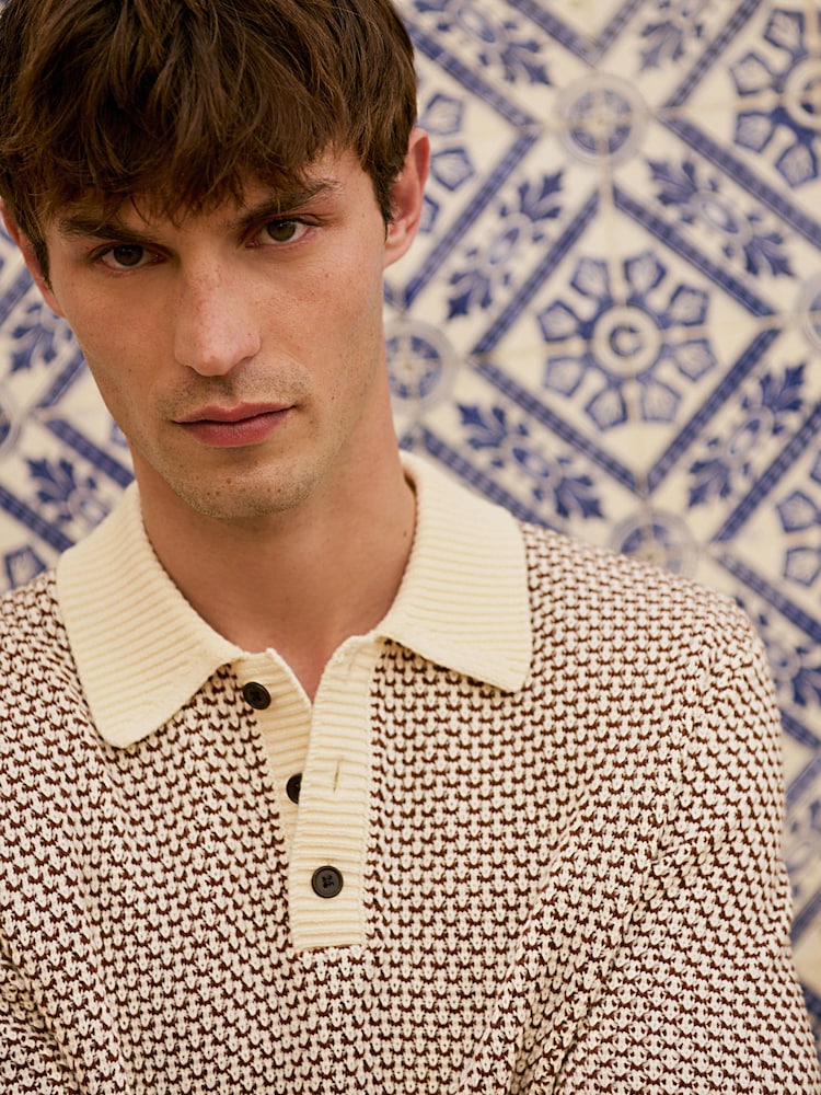 Brown/Ecru White Regular Fit Cotton Rich Short Sleeve Crochet Knit Polo Shirt - Image 4 of 4