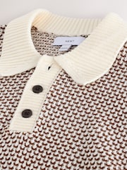 Brown/Ecru White Regular Fit Cotton Rich Short Sleeve Crochet Knit Polo Shirt - Image 6 of 7