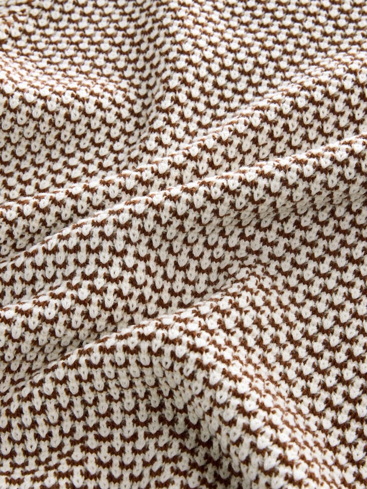 Brown/Ecru White Regular Fit Cotton Rich Short Sleeve Crochet Knit Polo Shirt - Image 7 of 7