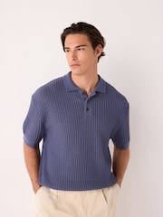 Blue Regular Fit Cotton Rich Short Sleeve Knit Bouclé Polo Shirt - Image 1 of 8
