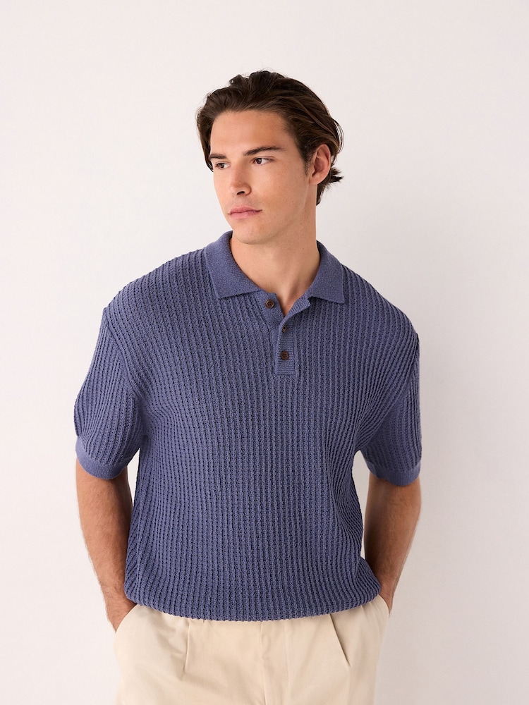 Blue Regular Fit Cotton Rich Short Sleeve Knit Bouclé Polo Shirt - Image 1 of 8