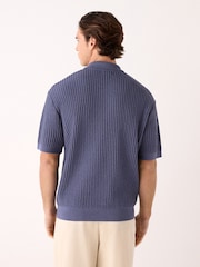 Blue Regular Fit Cotton Rich Short Sleeve Knit Bouclé Polo Shirt - Image 3 of 8