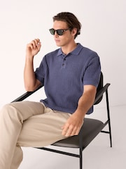 Blue Regular Fit Cotton Rich Short Sleeve Knit Bouclé Polo Shirt - Image 4 of 8