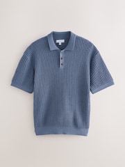 Blue Regular Fit Cotton Rich Short Sleeve Knit Bouclé Polo Shirt - Image 6 of 8