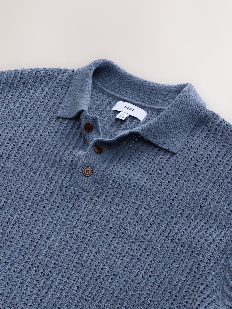 Blue Regular Fit Cotton Rich Short Sleeve Knit Bouclé Polo Shirt - Image 8 of 8