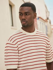 Ecru White/Red Relaxed Fit Short Sleeve Stripe Knitted Crew T-Shirt - Image 1 of 7