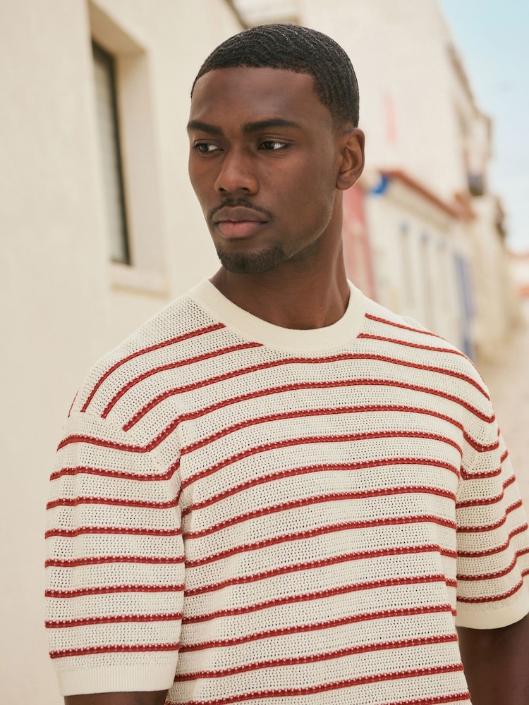 Ecru White/Red Relaxed Fit Short Sleeve Stripe Knitted Crew T-Shirt - Image 1 of 7