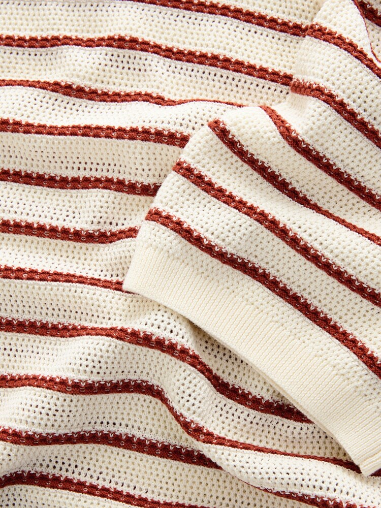 Ecru White/Red Relaxed Fit Short Sleeve Stripe Knitted Crew T-Shirt - Image 10 of 10 Ecru White/Red Relaxed Fit Short Sleeve Stripe Knitted Crew T-Shirt - Image 10 of 10
