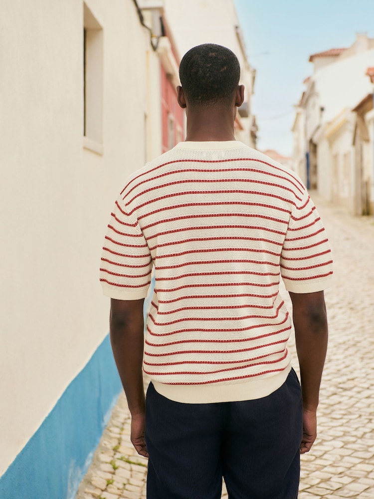 Ecru White/Red Relaxed Fit Short Sleeve Stripe Knitted Crew T-Shirt - Image 2 of 7