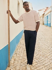 Ecru White/Red Relaxed Fit Short Sleeve Stripe Knitted Crew T-Shirt - Image 3 of 7