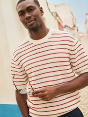 Ecru White/Red Relaxed Fit Short Sleeve Stripe Knitted Crew T-Shirt - Image 7 of 7