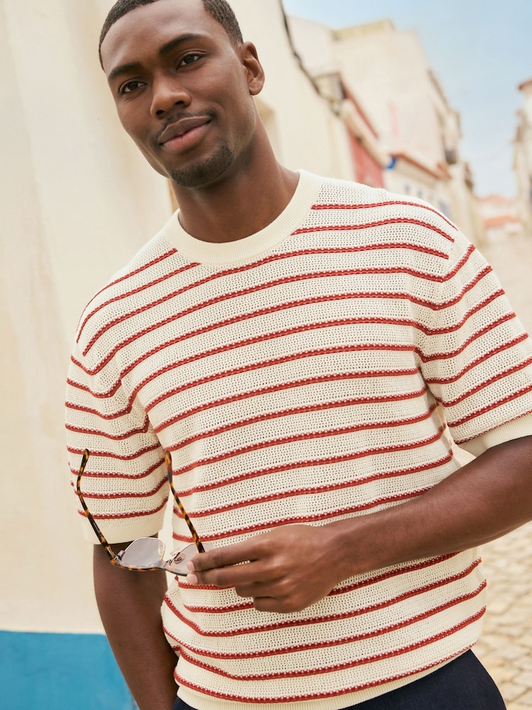 Ecru White/Red Relaxed Fit Short Sleeve Stripe Knitted Crew T-Shirt - Image 7 of 7