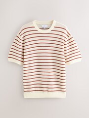 Ecru White/Red Relaxed Fit Short Sleeve Stripe Knitted Crew T-Shirt - Image 8 of 10