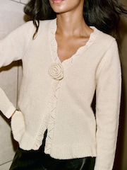 Lipsy Ivory Corsage Rose Scalloped Frill Long Sleeve Cardigan With Hook and Eye Detail - Image 1 of 4
