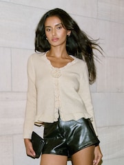 Lipsy Ivory Corsage Rose Scalloped Frill Long Sleeve Cardigan With Hook and Eye Detail - Image 3 of 4