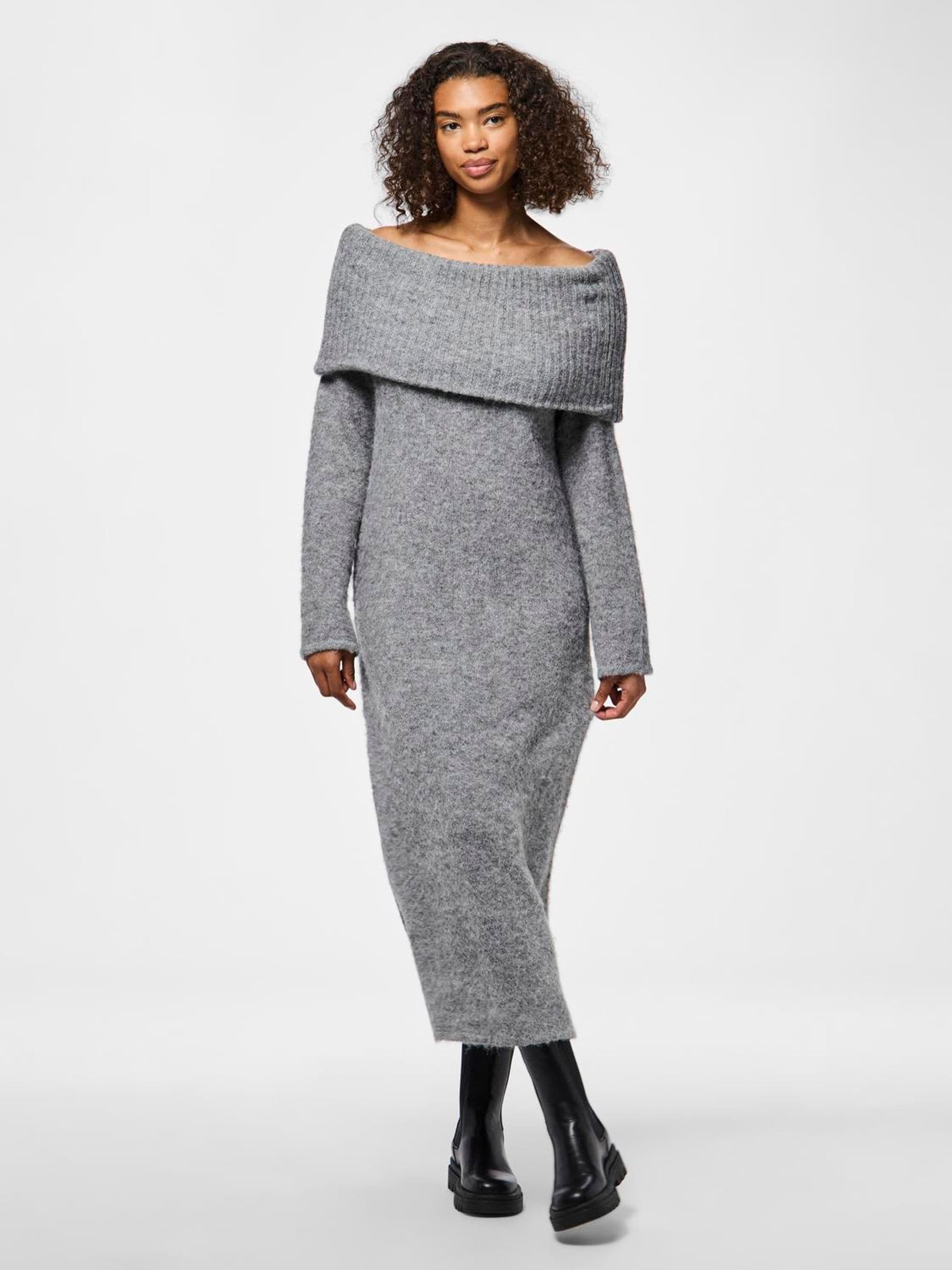 『5年保証』 Soft Bardot Shoulder Off Grey PIECES Buy Knitted Dress Midi ワンピース