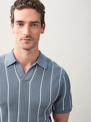 Blue Regular Fit Short Sleeve Stripe Knit Trophy Polo Shirt - Image 1 of 8