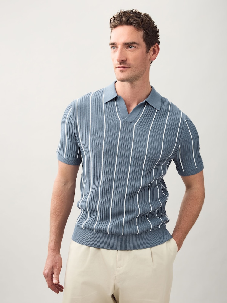 Blue Regular Fit Short Sleeve Stripe Knit Trophy Polo Shirt - Image 2 of 8