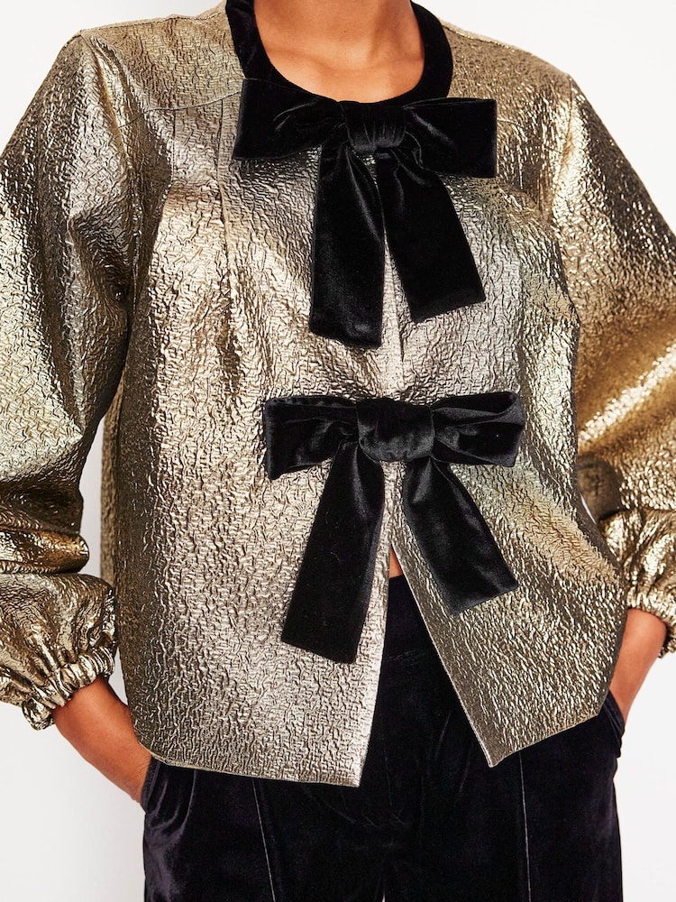Boden Gold Jacquard Bow Detail Jacket - Image 2 of 5