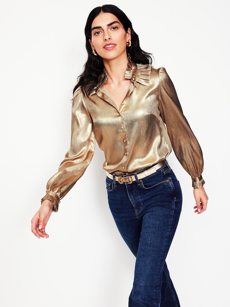 Boden Gold Ruffle Collar Party Blouse - Image 1 of 5