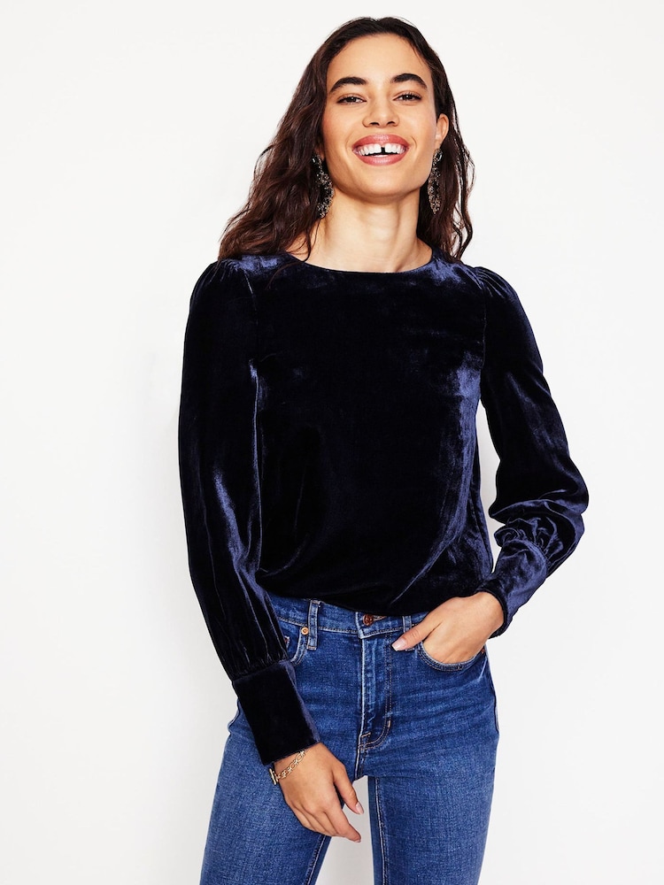 Boden Blue Button Back Velvet Top - Image 1 of 5