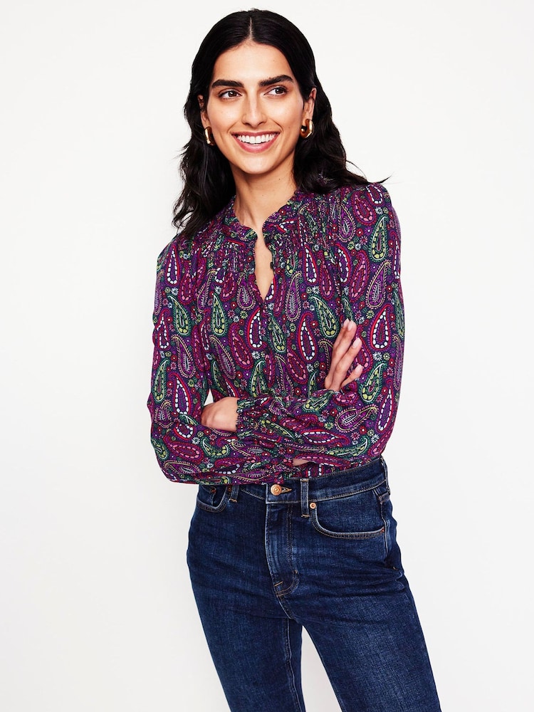 Boden Pink Fay Smocked Jersey Shirt - Image 1 of 5