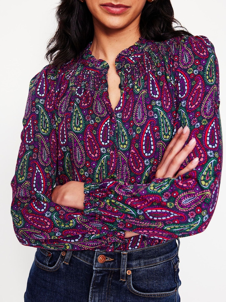 Boden Pink Fay Smocked Jersey Shirt - Image 2 of 5 Boden Pink Fay Smocked Jersey Shirt - Image 2 of 5