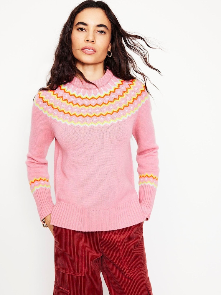 Boden Pink Cashmere Fair Isle Pattern Jumper - Image 1 of 6 Boden Pink Cashmere Fair Isle Pattern Jumper - Image 1 of 6