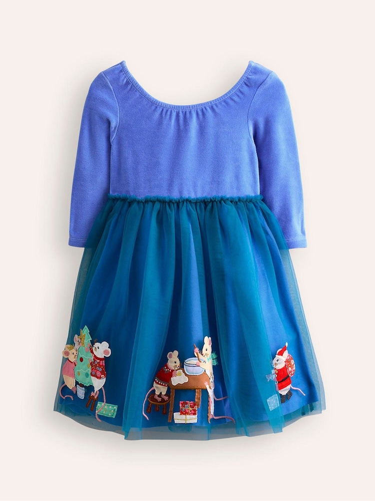 Boden Blue Velvet Christmas Festive Tulle Appliqué Dress - Image 1 of 3 Boden Blue Velvet Christmas Festive Tulle Appliqué Dress - Image 1 of 3