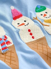 Boden Blue Printed Christmas Snowman Graphic 100% Cotton T-Shirt - Image 3 of 3