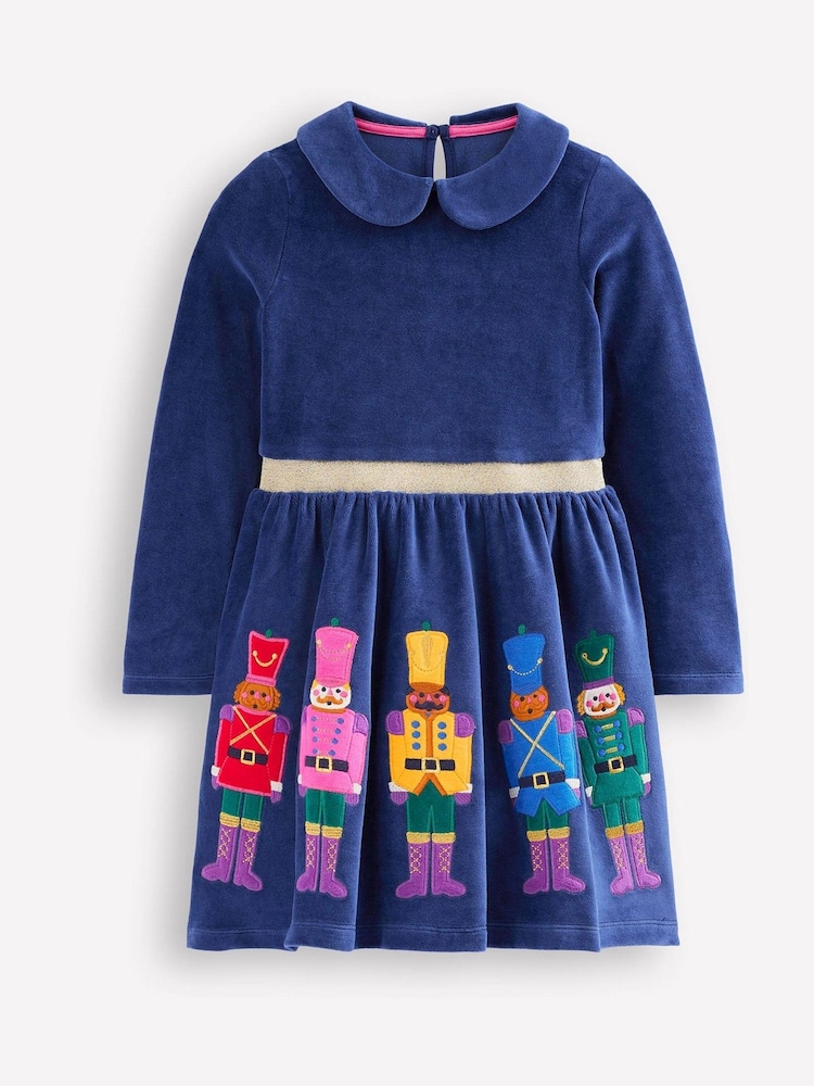 Boden Blue Festive Christmas Nutcracker Velour Appliqué Dress - Image 1 of 3