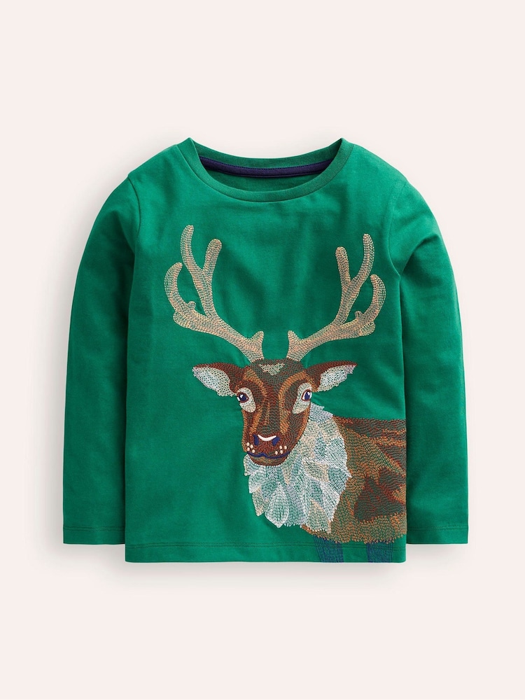 Boden Green Superstitch Christmas Reindeer 100% Cotton T-Shirt - Image 1 of 3