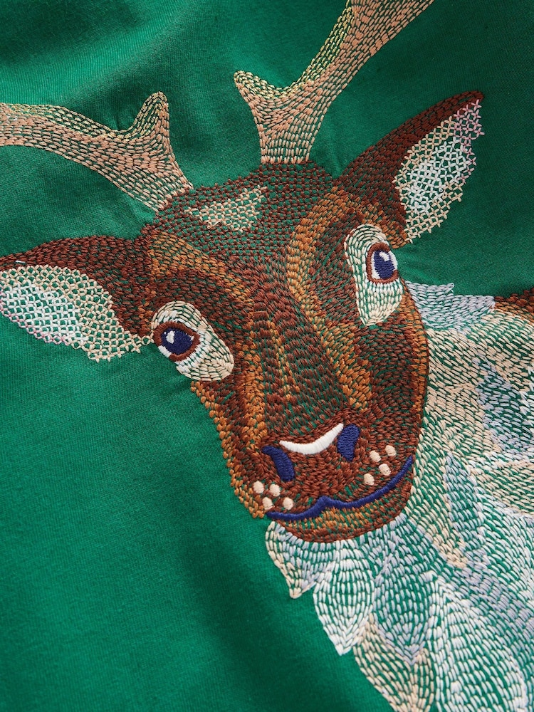 Boden Green Superstitch Christmas Reindeer 100% Cotton T-Shirt - Image 3 of 3