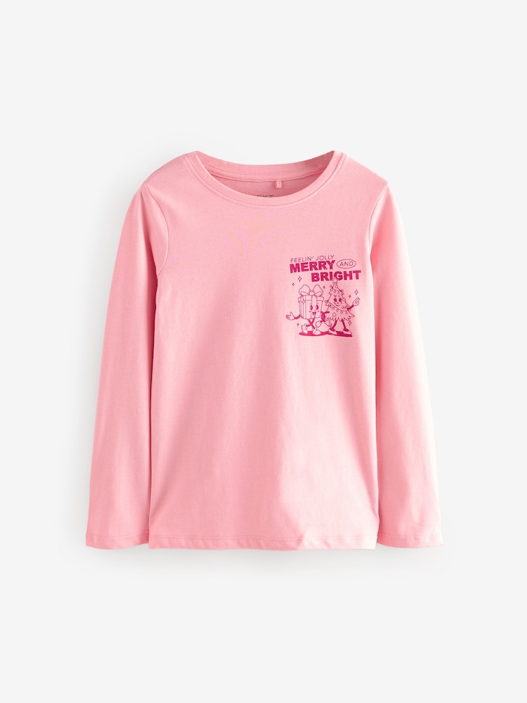Pink Christmas Long Sleeves Graphic 100% Cotton T-Shirt (3-16yrs) - Image 1 of 4