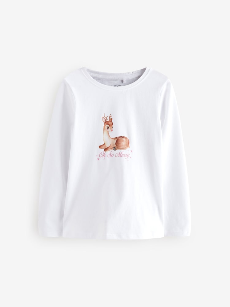White Reindeer Christmas Long Sleeves Graphic 100% Cotton T-Shirt (3-16yrs) - Image 1 of 4
