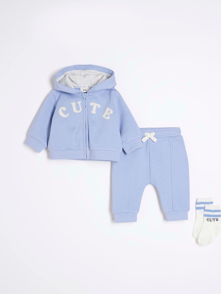 River Island Blue Baby Boys Hoodie and Socks 3 Piece Set - Image 1 of 5