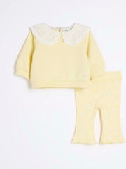 River Island Yellow Baby Girls Broderie Collar 100% Cotton Sweater Set - Image 1 of 4