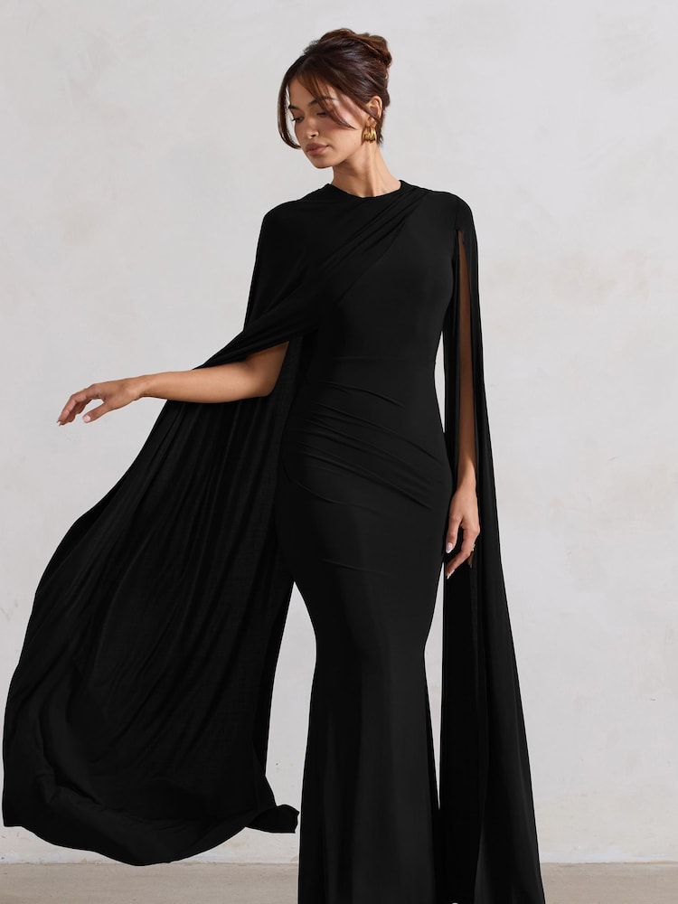 Club L London Black Magdelena Asymmetric Cape Maxi Dress - Image 3 of 5
