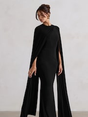 Club L London Black Magdelena Asymmetric Cape Maxi Dress - Image 4 of 5