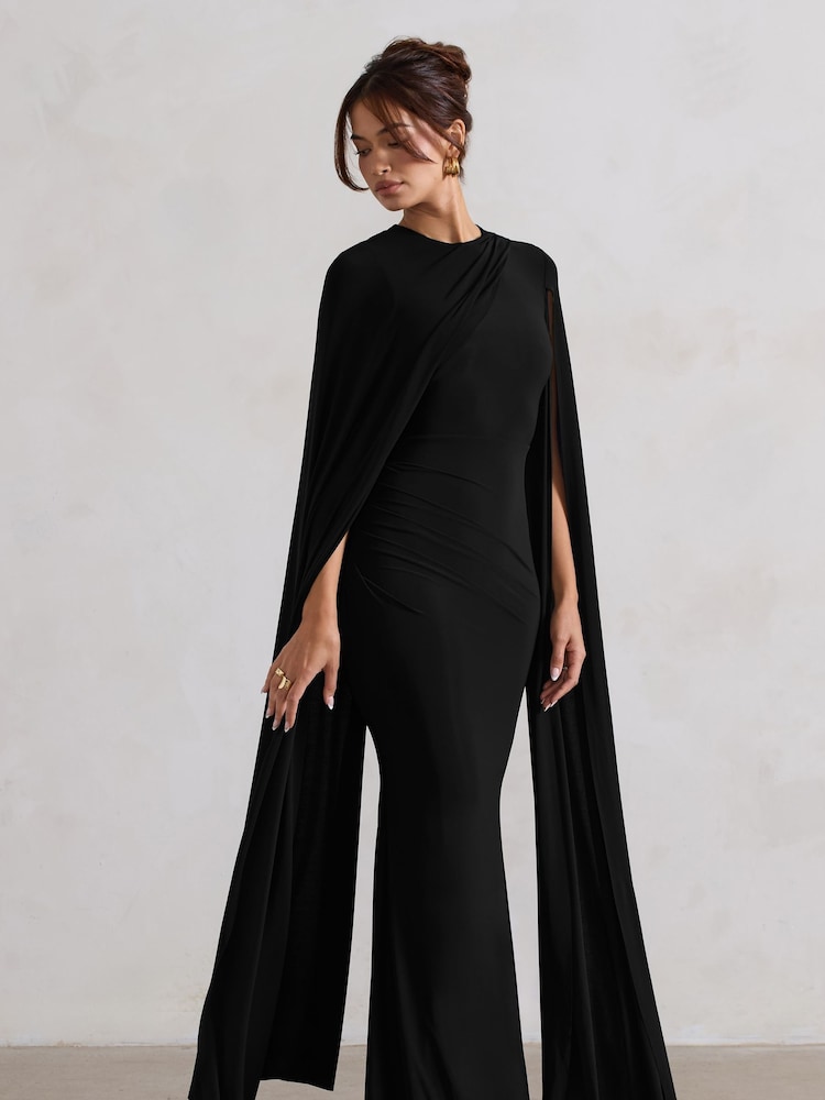 Club L London Black Magdelena Asymmetric Cape Maxi Dress - Image 4 of 5