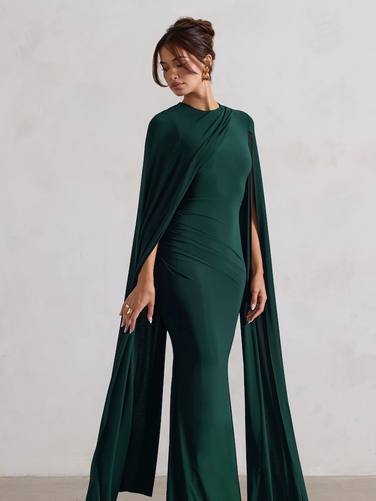 Club L London Green Magdelena Asymmetric Cape Maxi Dress - Image 1 of 5