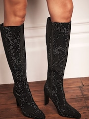 Mint Velvet Black Black Diamante Knee High Boots - Image 1 of 3