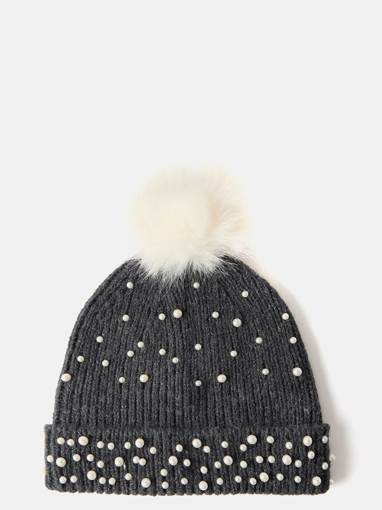 Mint Velvet Grey Pearl Knitted Pom Hat - Image 1 of 3