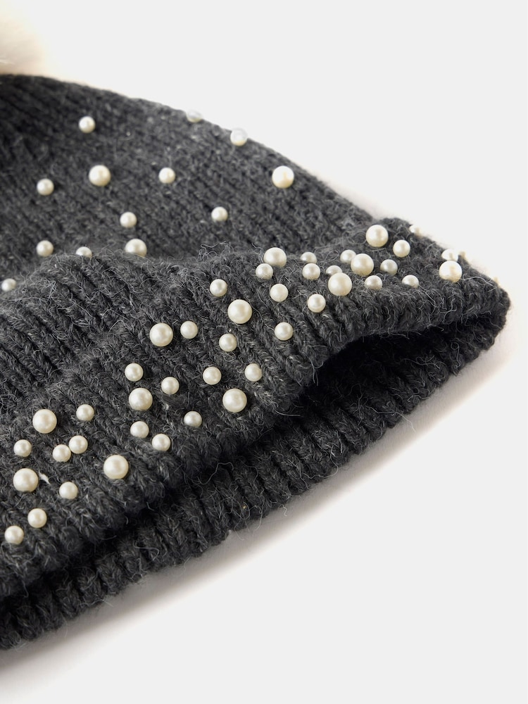 Mint Velvet Grey Pearl Knitted Pom Hat - Image 2 of 3
