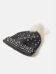Mint Velvet Grey Pearl Knitted Pom Hat - Image 3 of 3