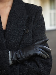 Mint Velvet Black Leather Knit Trim Gloves - Image 1 of 4